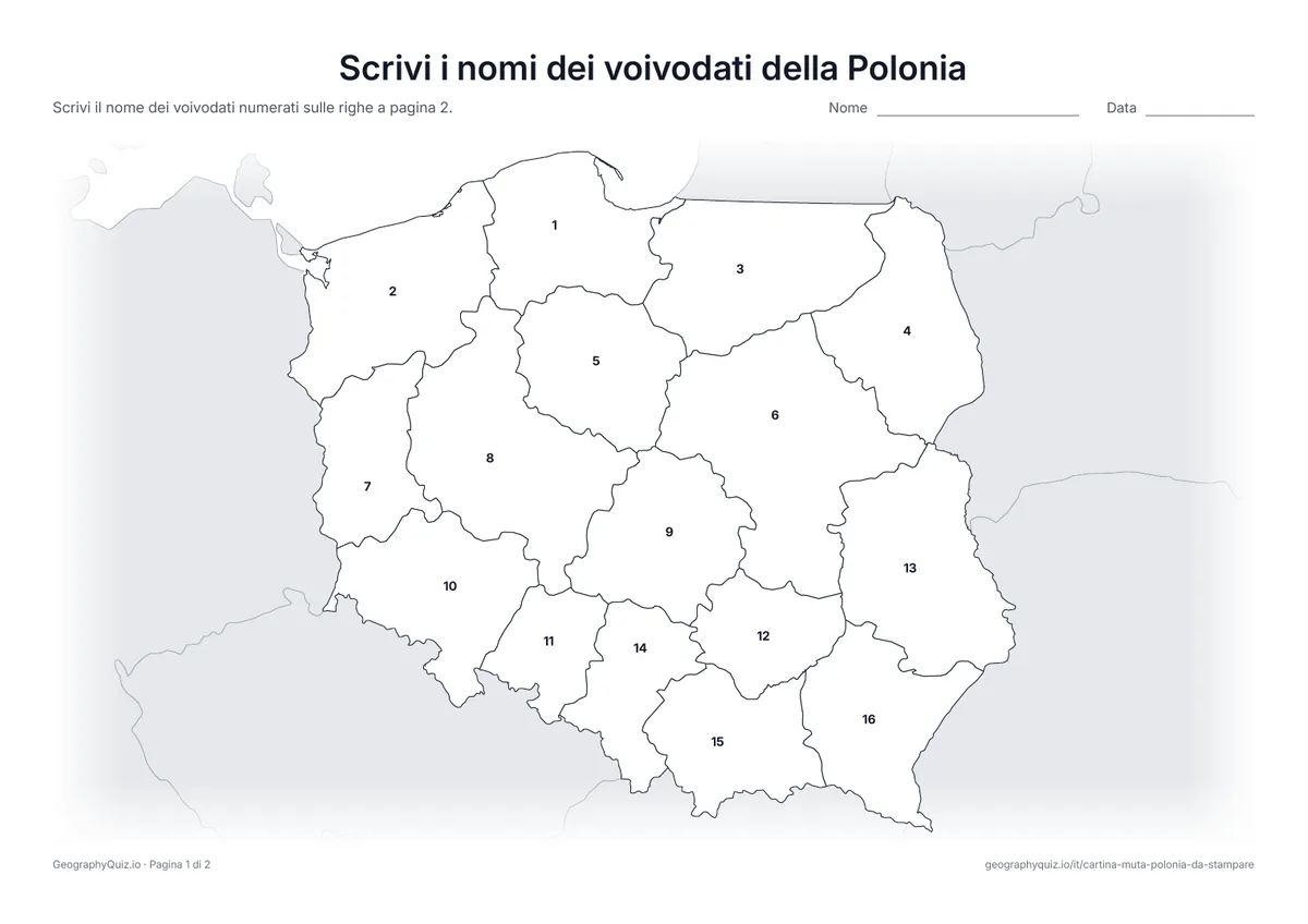 Anteprima della scheda da stampare “Scrivi i nomi dei voivodati della Polonia”: Cartina con i numeri di tutti i 16 voivodati