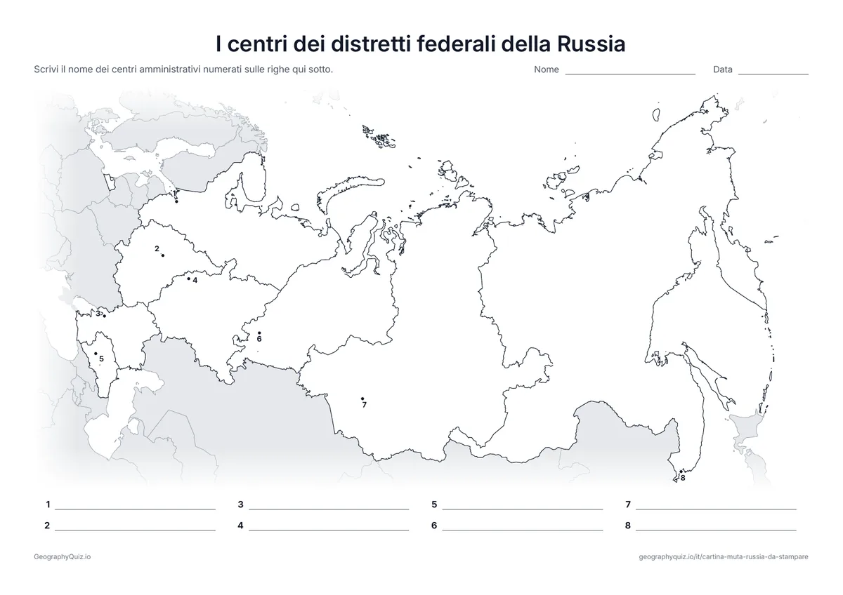 Anteprima della scheda da stampare “I centri dei distretti federali della Russia”: Il centro amministrativo di ogni distretto federale è segnato con un punto numerato, da San Pietroburgo a Vladivostok