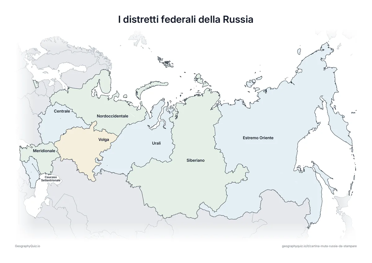 Anteprima della scheda da stampare “I distretti federali della Russia”: Cartina della Russia con tutti i nomi: cartina di riferimento per la lezione e per correggere le risposte