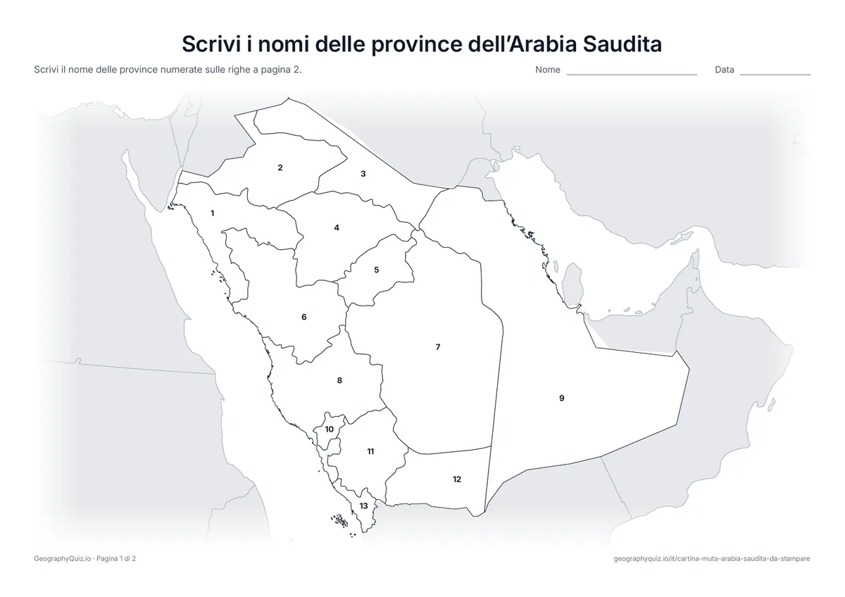 Anteprima della scheda da stampare “Scrivi i nomi delle province dell’Arabia Saudita”: Cartina con i numeri di tutte le 13 province