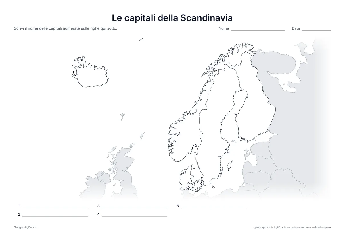Anteprima della scheda da stampare “Le capitali della Scandinavia”: Ogni capitale è segnata con un punto numerato