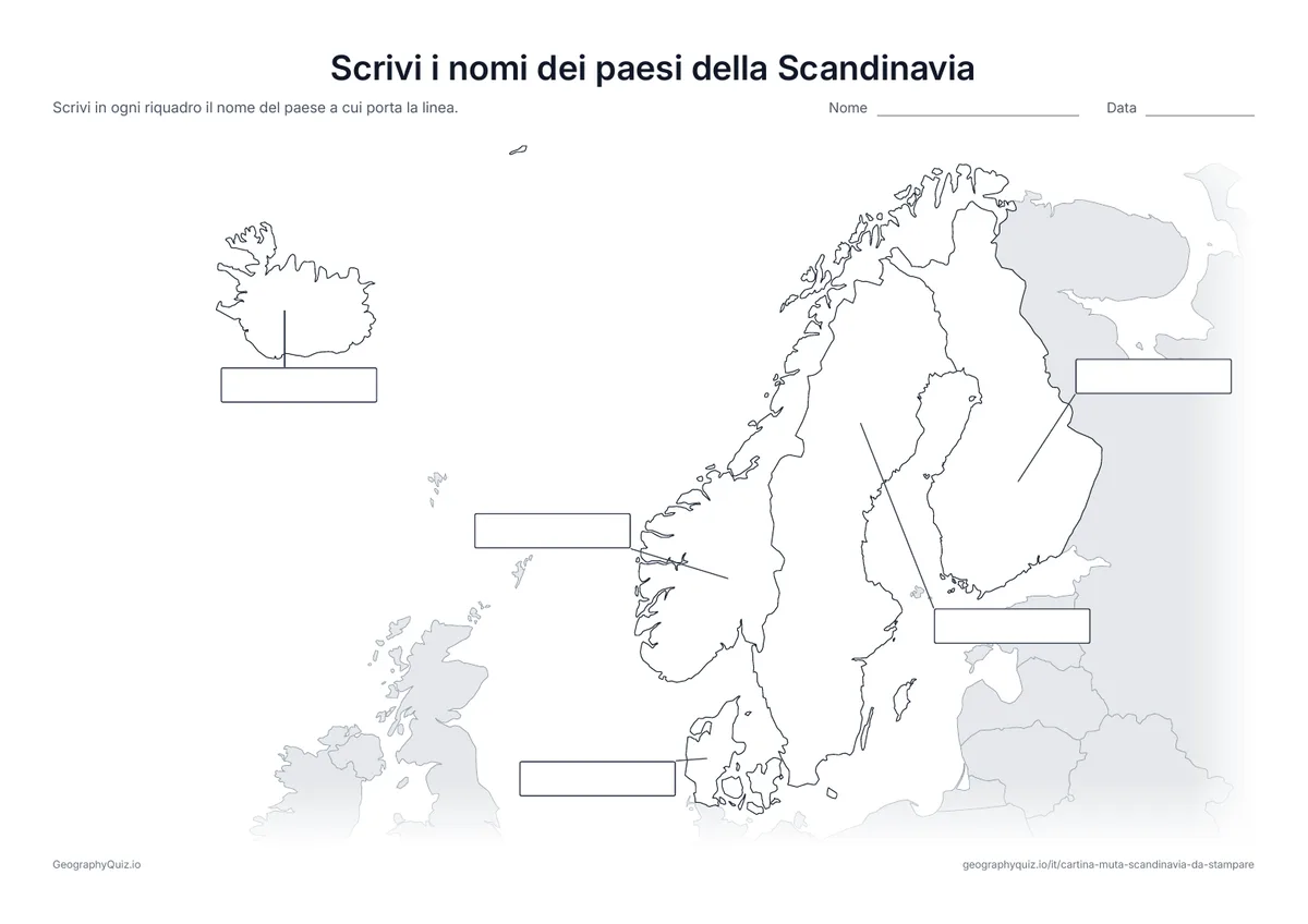 Anteprima della scheda da stampare “Scrivi i nomi dei paesi della Scandinavia”: Da ogni paese parte una linea verso un riquadro vuoto per la risposta, come nella scheda “Scrivi i nomi dei continenti” del planisfero