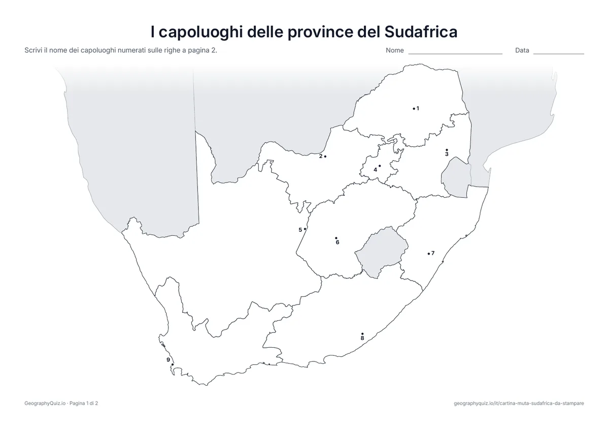 Anteprima della scheda da stampare “I capoluoghi delle province del Sudafrica”: Ogni capoluogo è segnato con un punto numerato