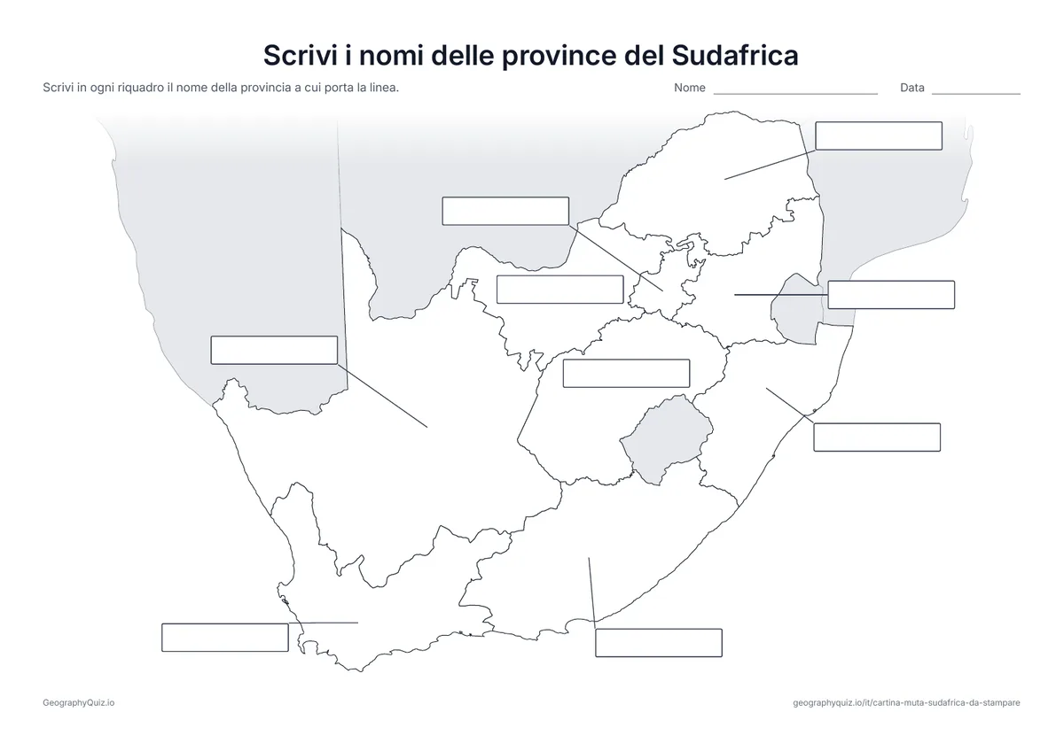 Anteprima della scheda da stampare “Scrivi i nomi delle province del Sudafrica”: Da ogni provincia parte una linea verso un riquadro vuoto per la risposta, come nella scheda “Scrivi i nomi dei continenti” del planisfero