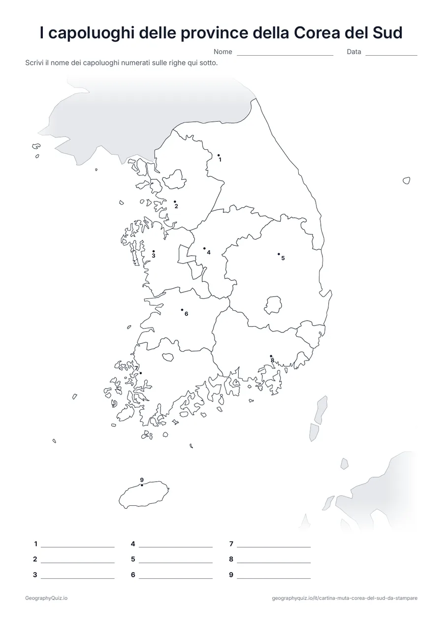 Anteprima della scheda da stampare “I capoluoghi delle province della Corea del Sud”: Il capoluogo di ognuna delle 9 province è segnato con un punto numerato, da Suwon alla città di Jeju