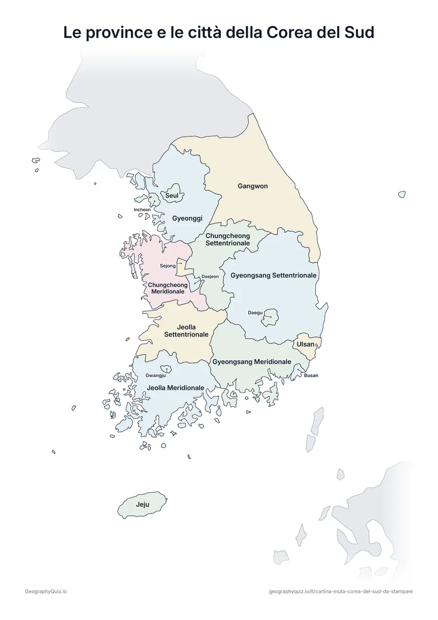 Anteprima della scheda da stampare “Le province e le città della Corea del Sud”: Cartina della Corea del Sud con tutti i nomi: cartina di riferimento per la lezione e per correggere le risposte