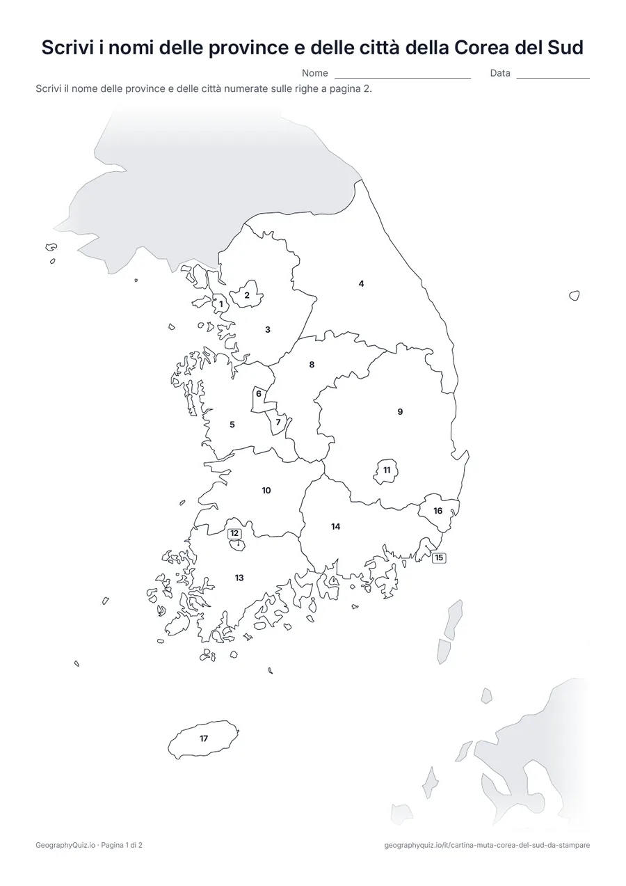Anteprima della scheda da stampare “Scrivi i nomi delle province e delle città della Corea del Sud”: Cartina con i numeri di tutte le 9 province e le 8 città