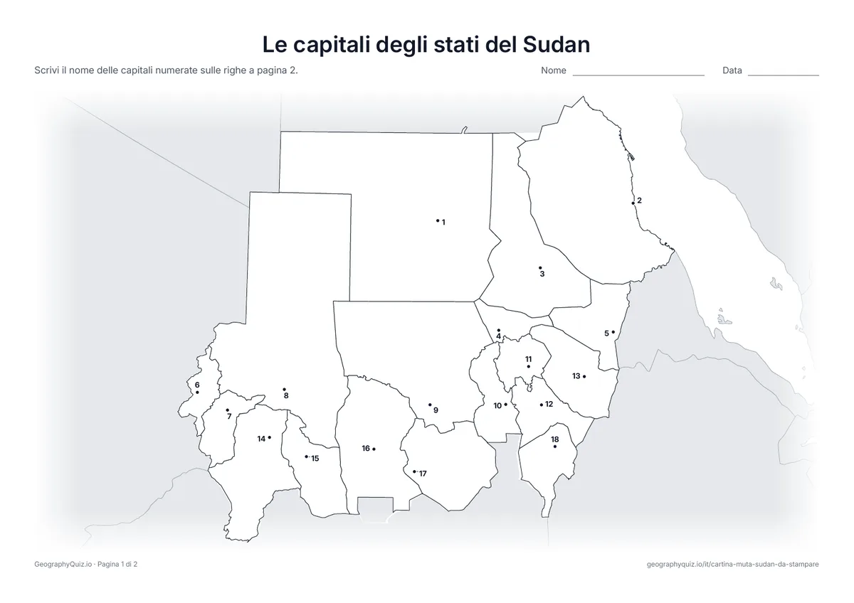 Anteprima della scheda da stampare “Le capitali degli stati del Sudan”: Ogni capitale è segnato con un punto numerato