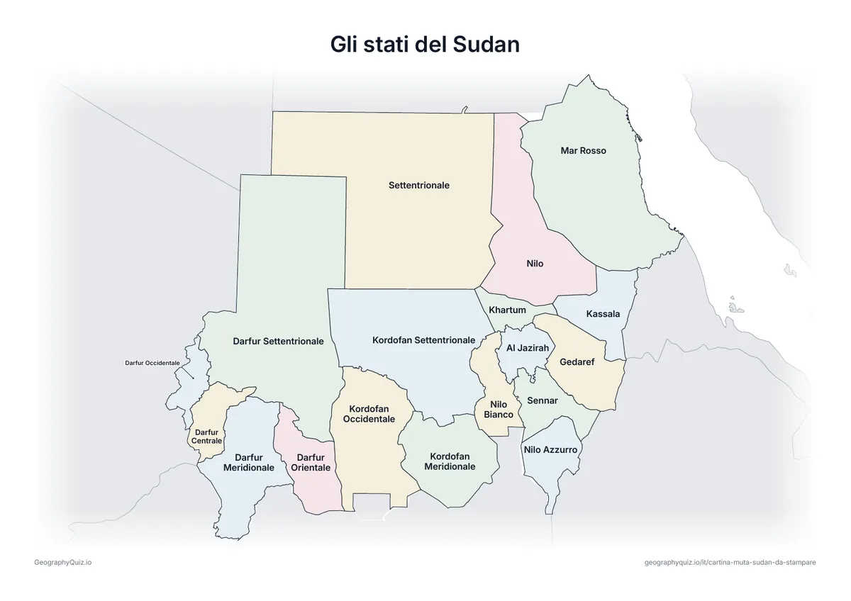 Anteprima della scheda da stampare “Gli stati del Sudan”: Cartina del Sudan con tutti i nomi: cartina di riferimento per la lezione e per correggere le risposte