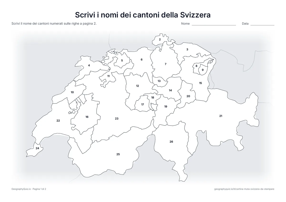 Anteprima della scheda da stampare “Scrivi i nomi dei cantoni della Svizzera”: Cartina con i numeri di tutti i 26 cantoni