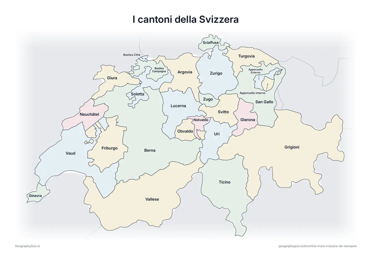Anteprima della scheda da stampare “I cantoni della Svizzera”: Cartina della Svizzera con tutti i nomi: cartina di riferimento per la lezione e per correggere le risposte