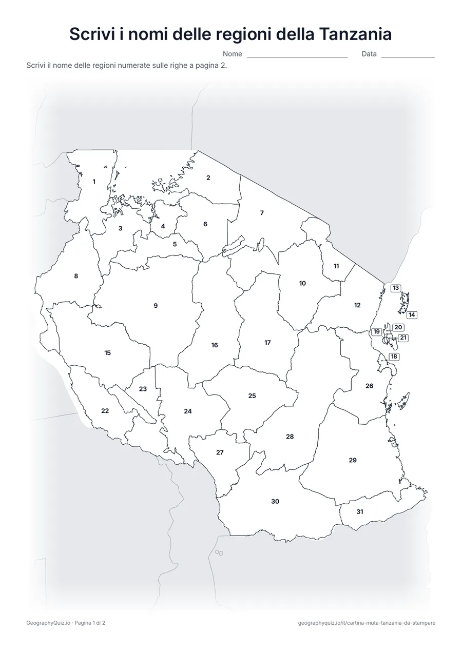 Anteprima della scheda da stampare “Scrivi i nomi delle regioni della Tanzania”: Cartina con i numeri di tutte le 31 regioni