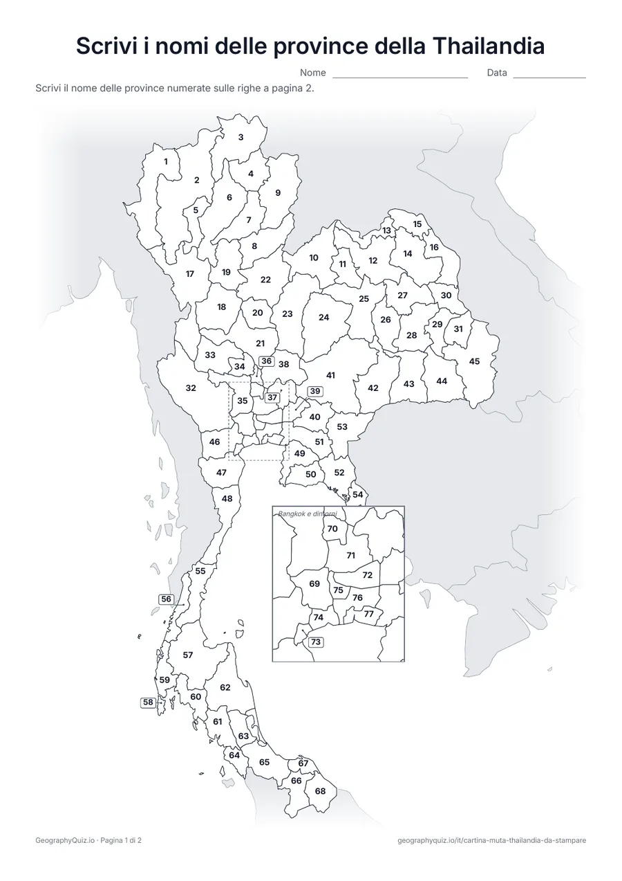Anteprima della scheda da stampare “Scrivi i nomi delle province della Thailandia”: Cartina con i numeri di tutte le 76 province e Bangkok