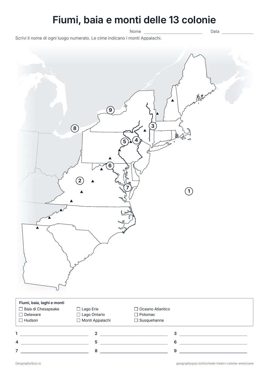 Anteprima della scheda da stampare “Fiumi, baia e monti delle 13 colonie”: L’Oceano Atlantico, i monti Appalachi, i fiumi Hudson, Delaware, Susquehanna e Potomac, la baia di Chesapeake e due dei Grandi Laghi, numerati da scrivere