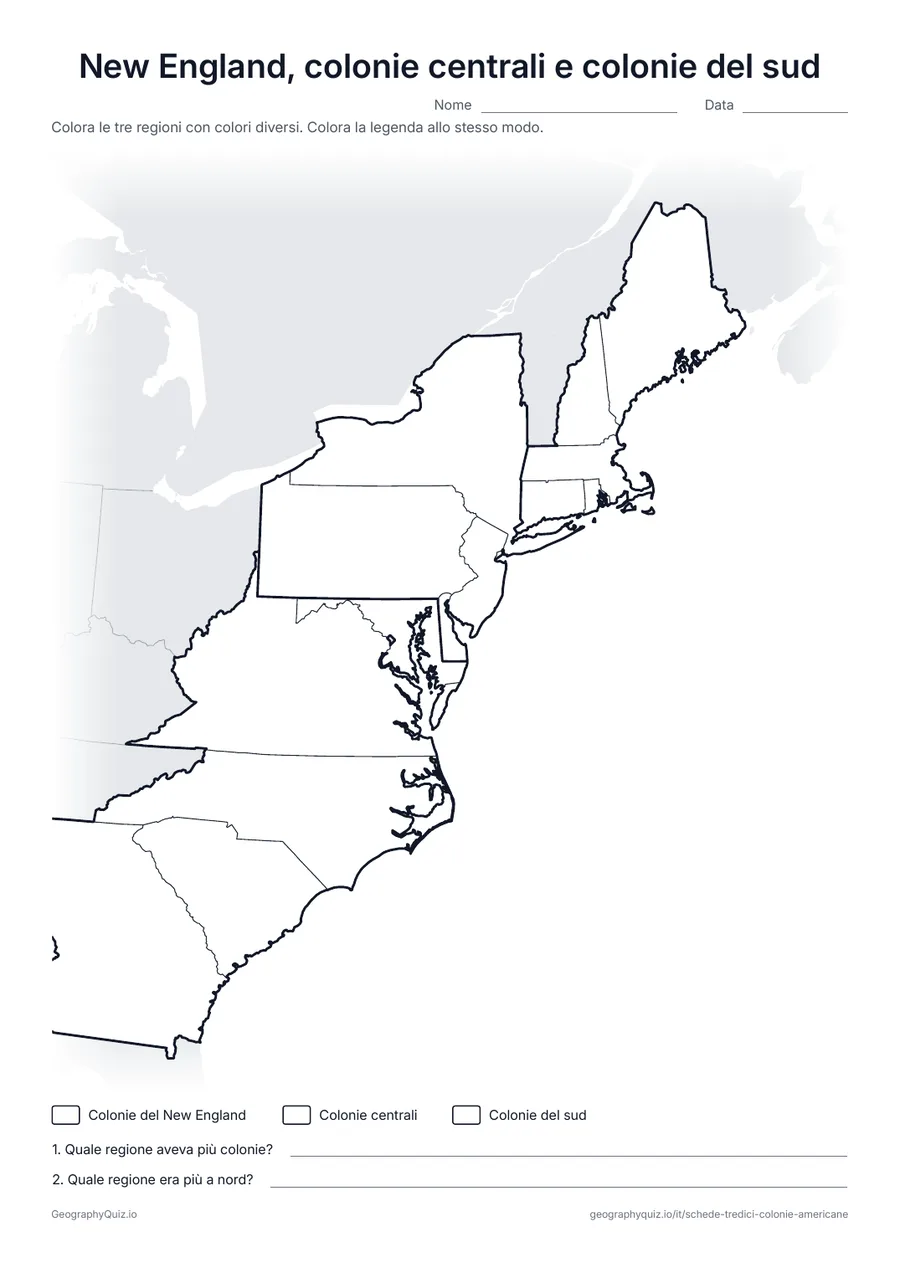 Anteprima della scheda da stampare “New England, colonie centrali e colonie del sud”: Linee spesse dividono le colonie in tre regioni