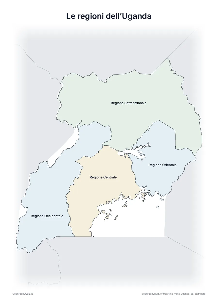 Anteprima della scheda da stampare “Le regioni dell’Uganda”: Cartina dell’Uganda con tutti i nomi: cartina di riferimento per la lezione e per correggere le risposte
