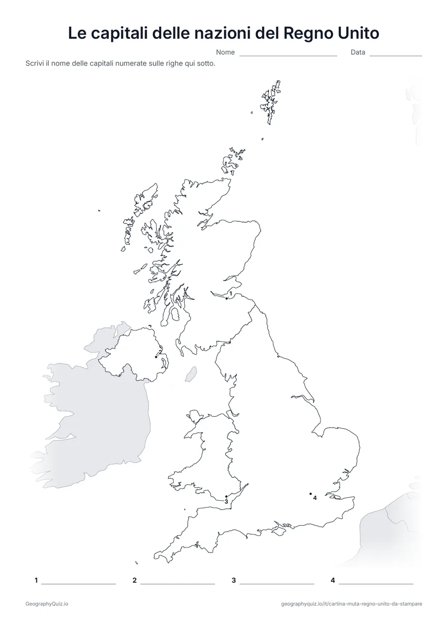 Anteprima della scheda da stampare “Le capitali delle nazioni del Regno Unito”: Londra, Edimburgo, Cardiff e Belfast sono segnate con punti numerati