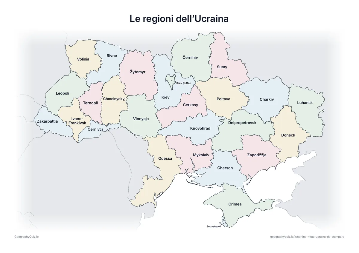 Anteprima della scheda da stampare “Le regioni dell’Ucraina”: Cartina dell’Ucraina con tutti i nomi: cartina di riferimento per la lezione e per correggere le risposte
