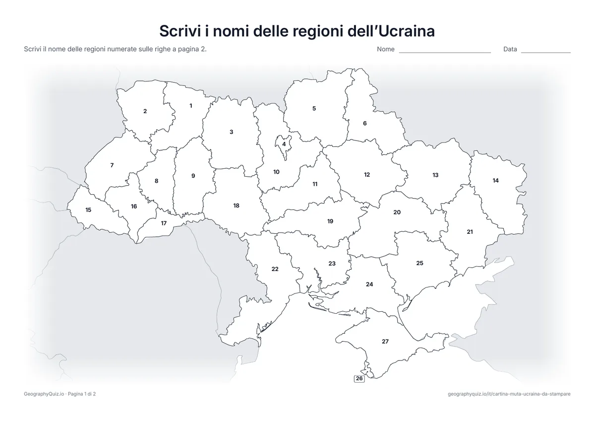 Anteprima della scheda da stampare “Scrivi i nomi delle regioni dell’Ucraina”: Cartina con i numeri di tutte le 24 regioni (oblast), la Crimea, Kiev e Sebastopoli