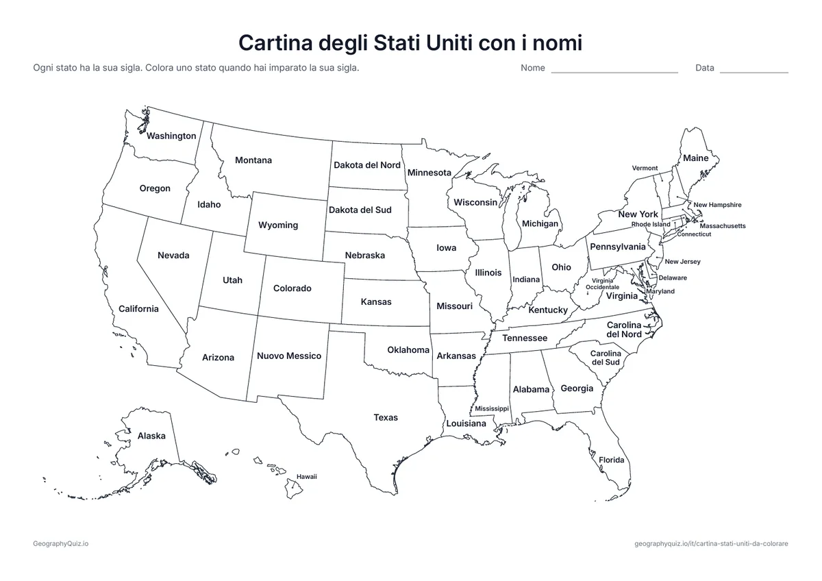 Anteprima della scheda da stampare “Cartina degli Stati Uniti con i nomi”: Ogni stato ha il suo nome; i piccoli stati del Nord-est sono scritti a margine