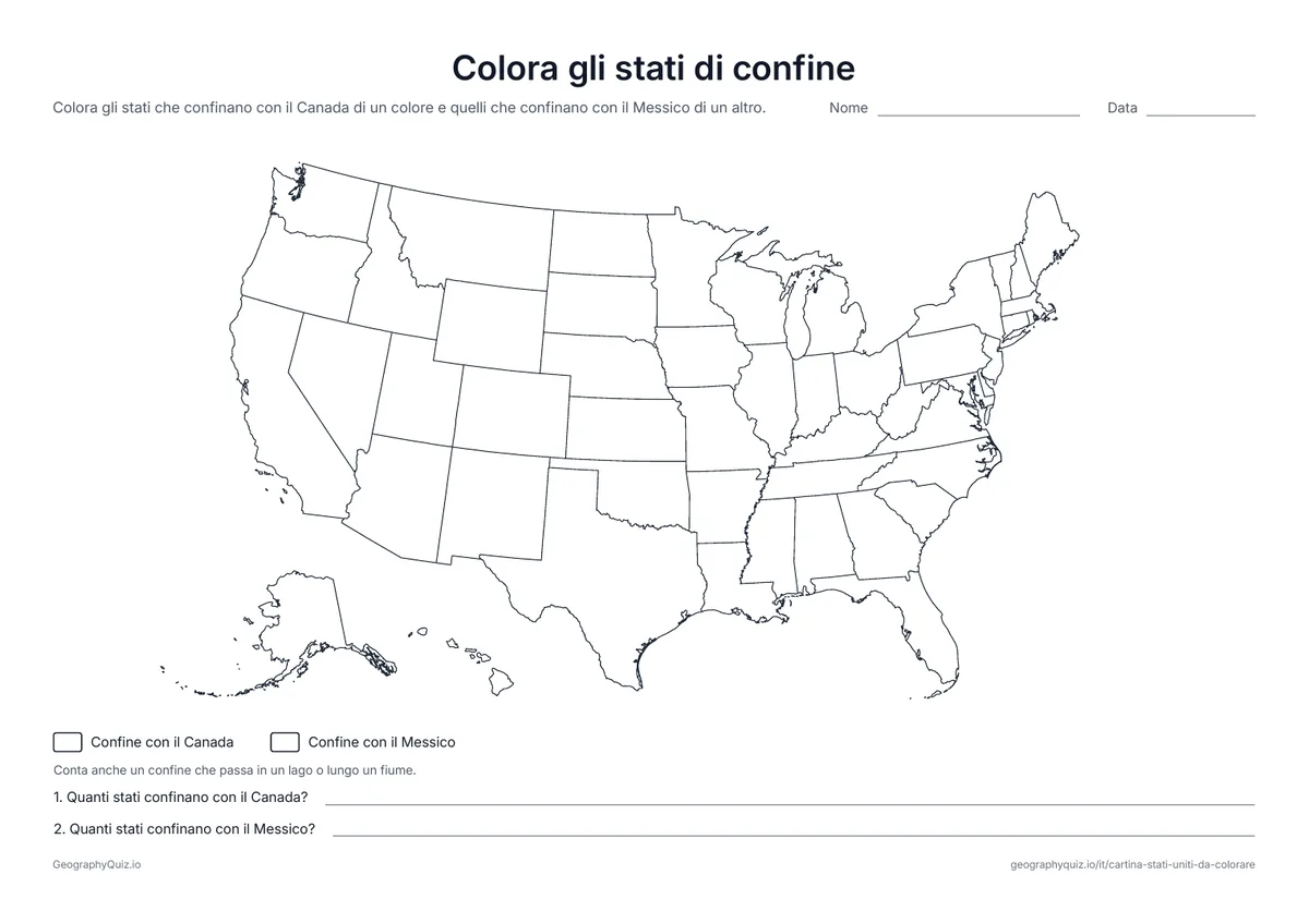 Anteprima della scheda da stampare “Colora gli stati di confine”: Gli stati che confinano con il Canada e con il Messico vanno colorati e contati