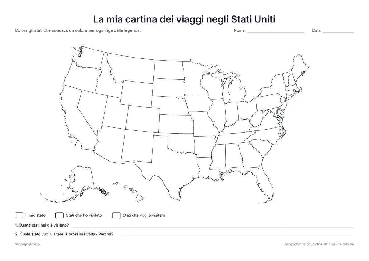 Anteprima della scheda da stampare “La mia cartina dei viaggi negli Stati Uniti”: Colora il tuo stato preferito, gli stati che hai visitato e quelli che vuoi visitare, poi rispondi a due domande