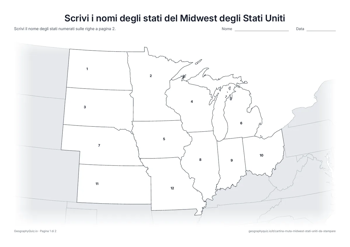 Anteprima della scheda da stampare “Scrivi i nomi degli stati del Midwest degli Stati Uniti”: Cartina con i numeri di tutti i 12 stati