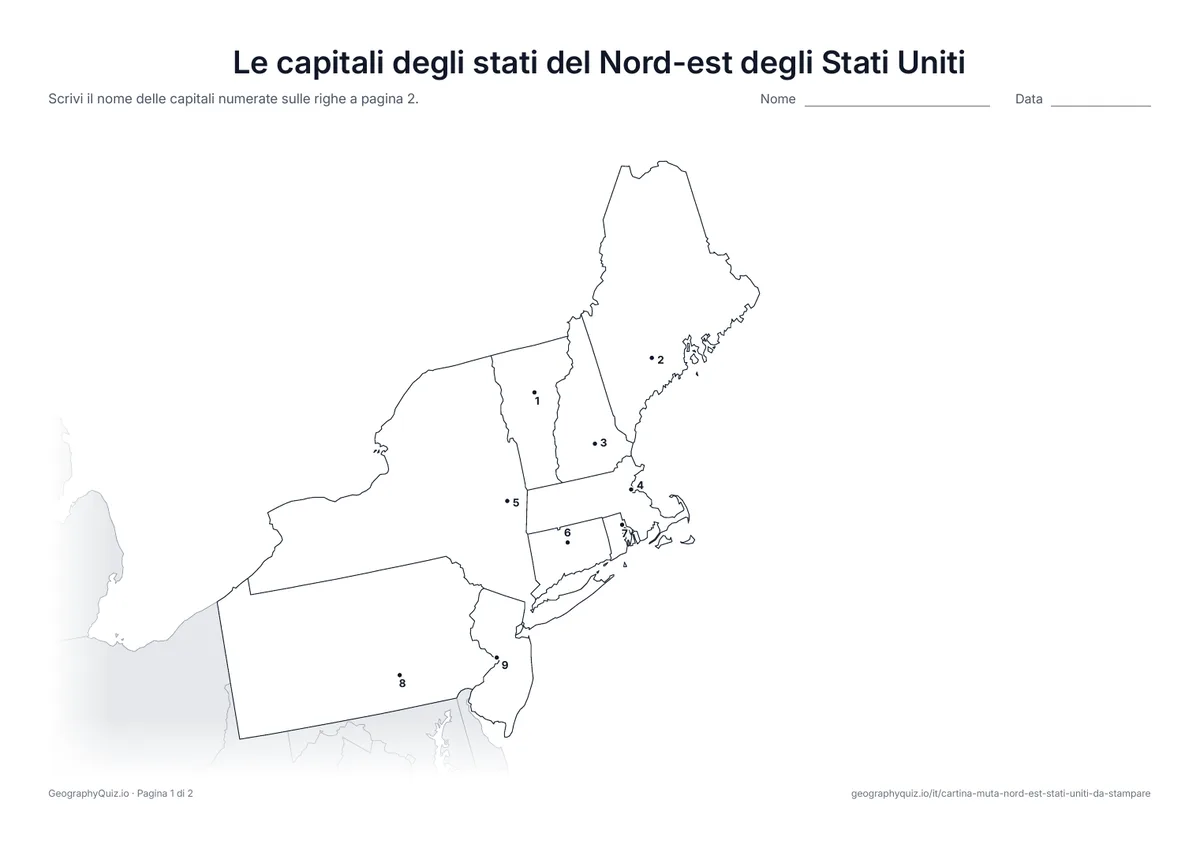 Anteprima della scheda da stampare “Le capitali degli stati del Nord-est degli Stati Uniti”: Ogni capitale è segnata con un punto numerato