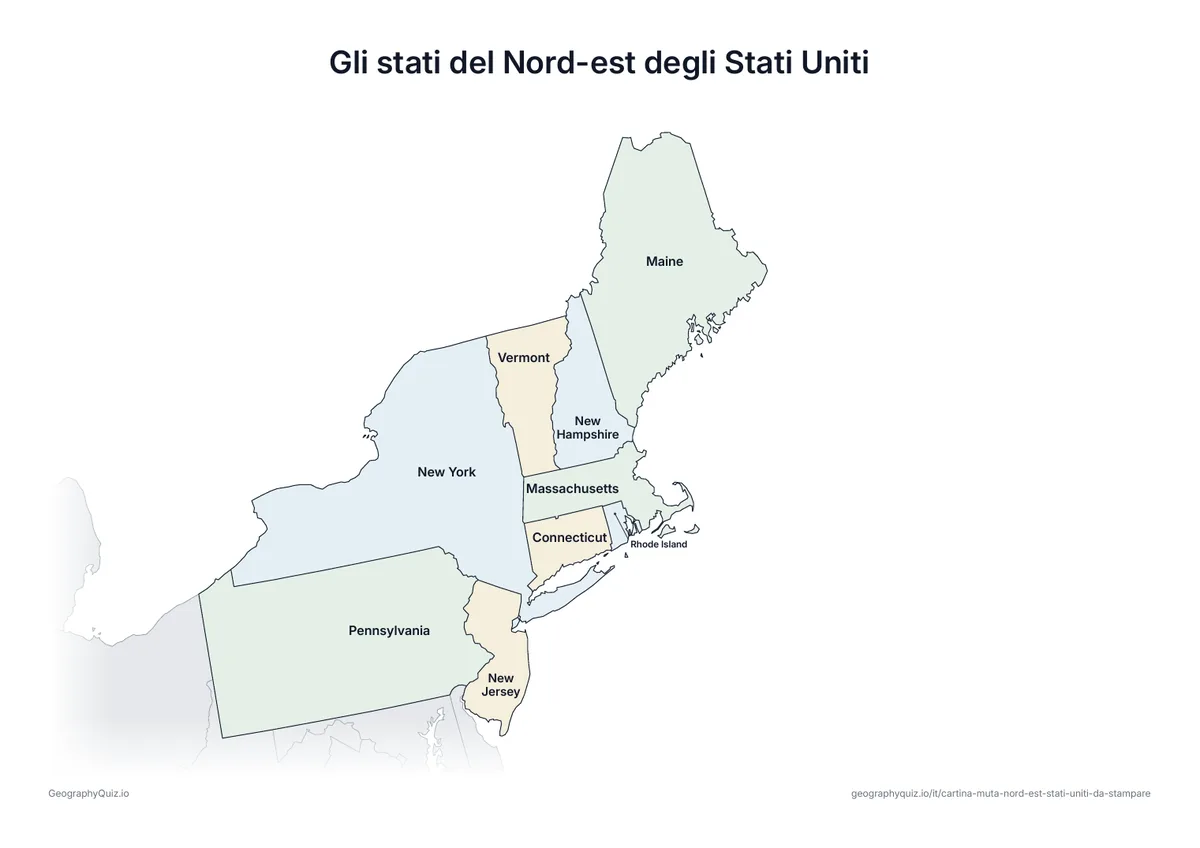 Anteprima della scheda da stampare “Gli stati del Nord-est degli Stati Uniti”: La stessa cartina con i nomi di tutti i 9 stati: per studiare, ripassare o correggere le schede degli alunni