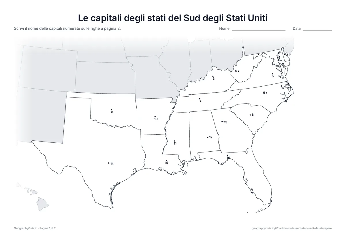 Anteprima della scheda da stampare “Le capitali degli stati del Sud degli Stati Uniti”: Ogni capitale è segnata con un punto numerato