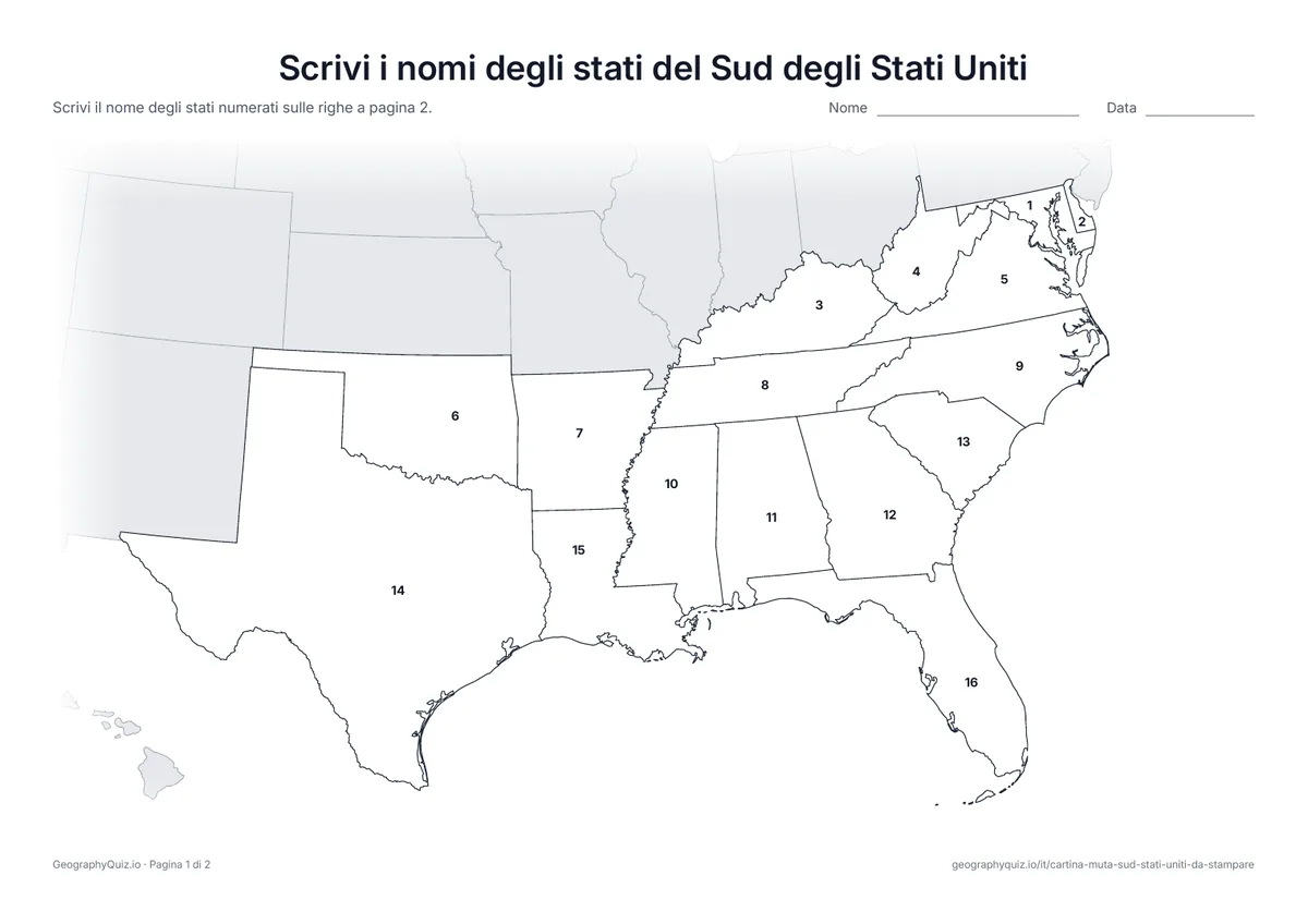Anteprima della scheda da stampare “Scrivi i nomi degli stati del Sud degli Stati Uniti”: Cartina con i numeri di tutti i 16 stati