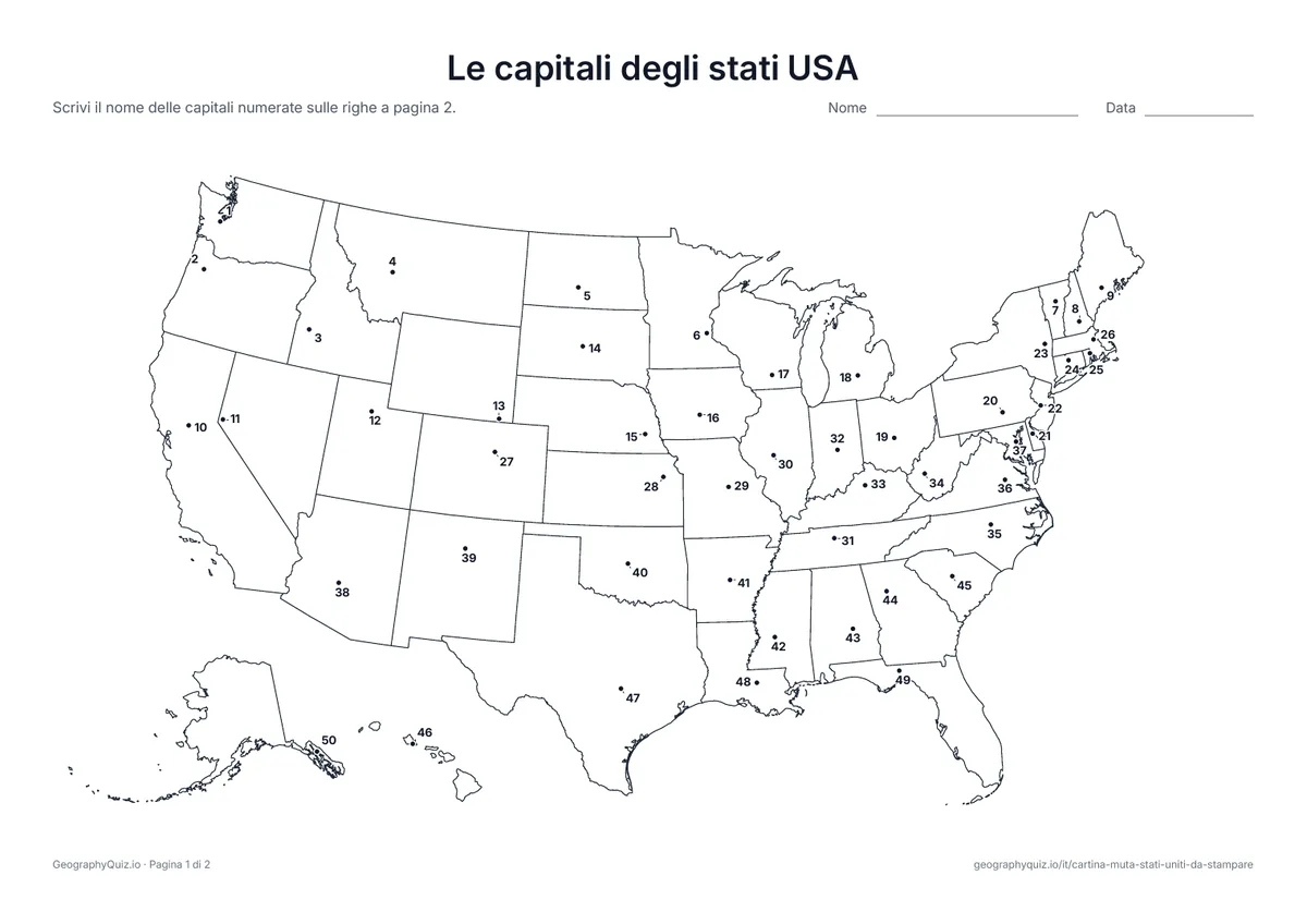 Anteprima della scheda da stampare “Le capitali degli stati USA”: Un punto numerato segna la capitale di ogni stato
