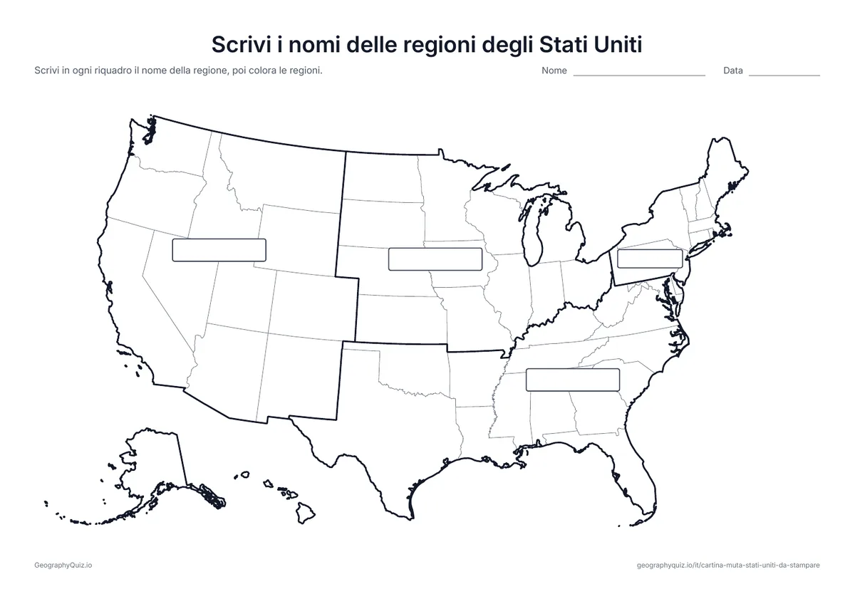 Anteprima della scheda da stampare “Scrivi i nomi delle regioni degli Stati Uniti”: Linee spesse delimitano le quattro regioni, ognuna con un riquadro vuoto