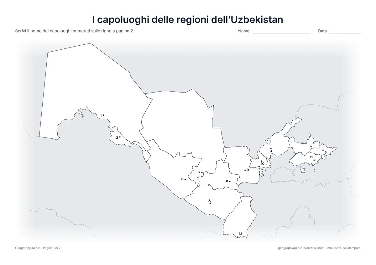 Anteprima della scheda da stampare “I capoluoghi delle regioni dell’Uzbekistan”: Il capoluogo di ogni regione e del Karakalpakstan è segnato con un punto numerato, da Nukus a Termez