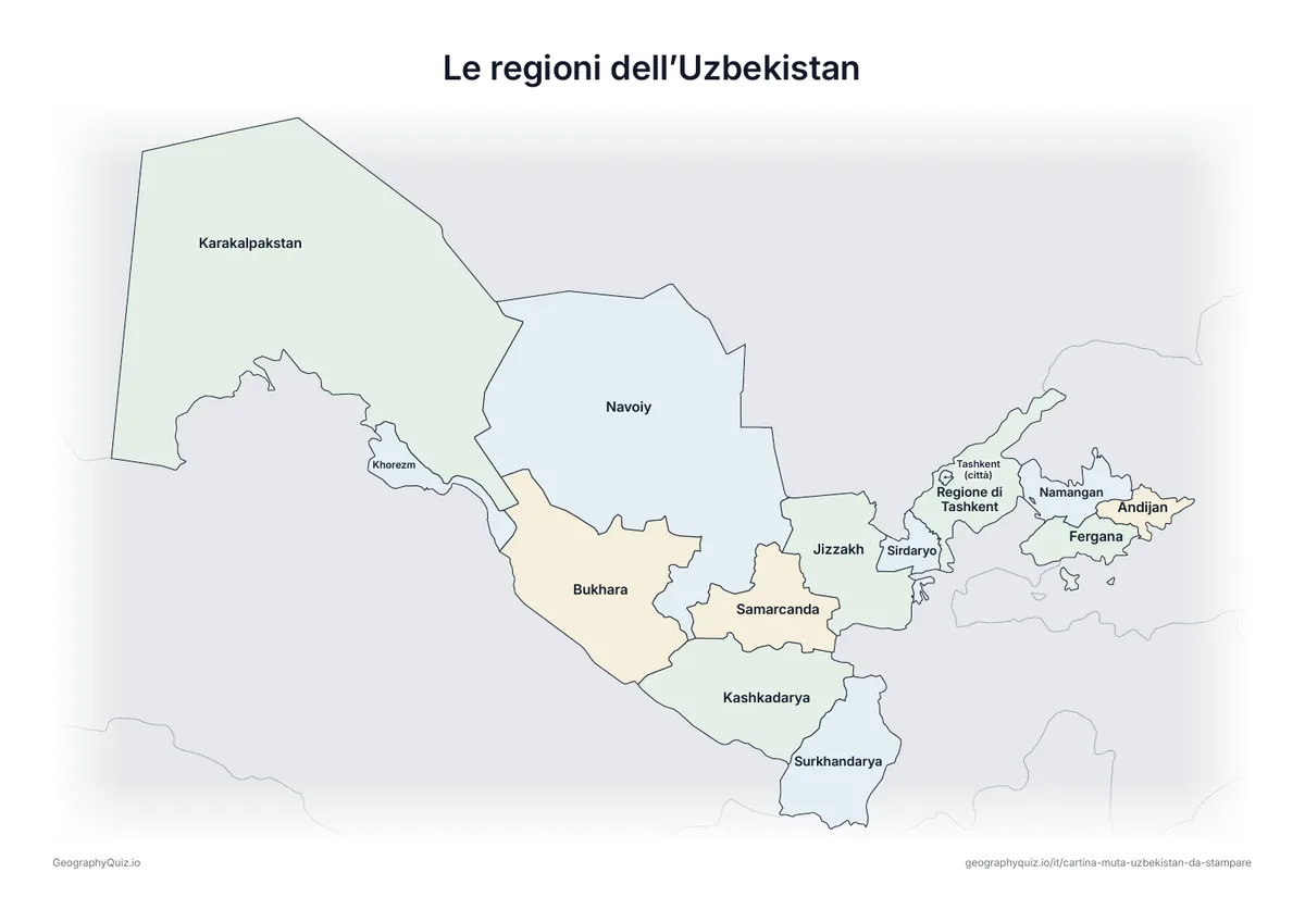 Anteprima della scheda da stampare “Le regioni dell’Uzbekistan”: Cartina dell’Uzbekistan con tutti i nomi: cartina di riferimento per la lezione e per correggere le risposte