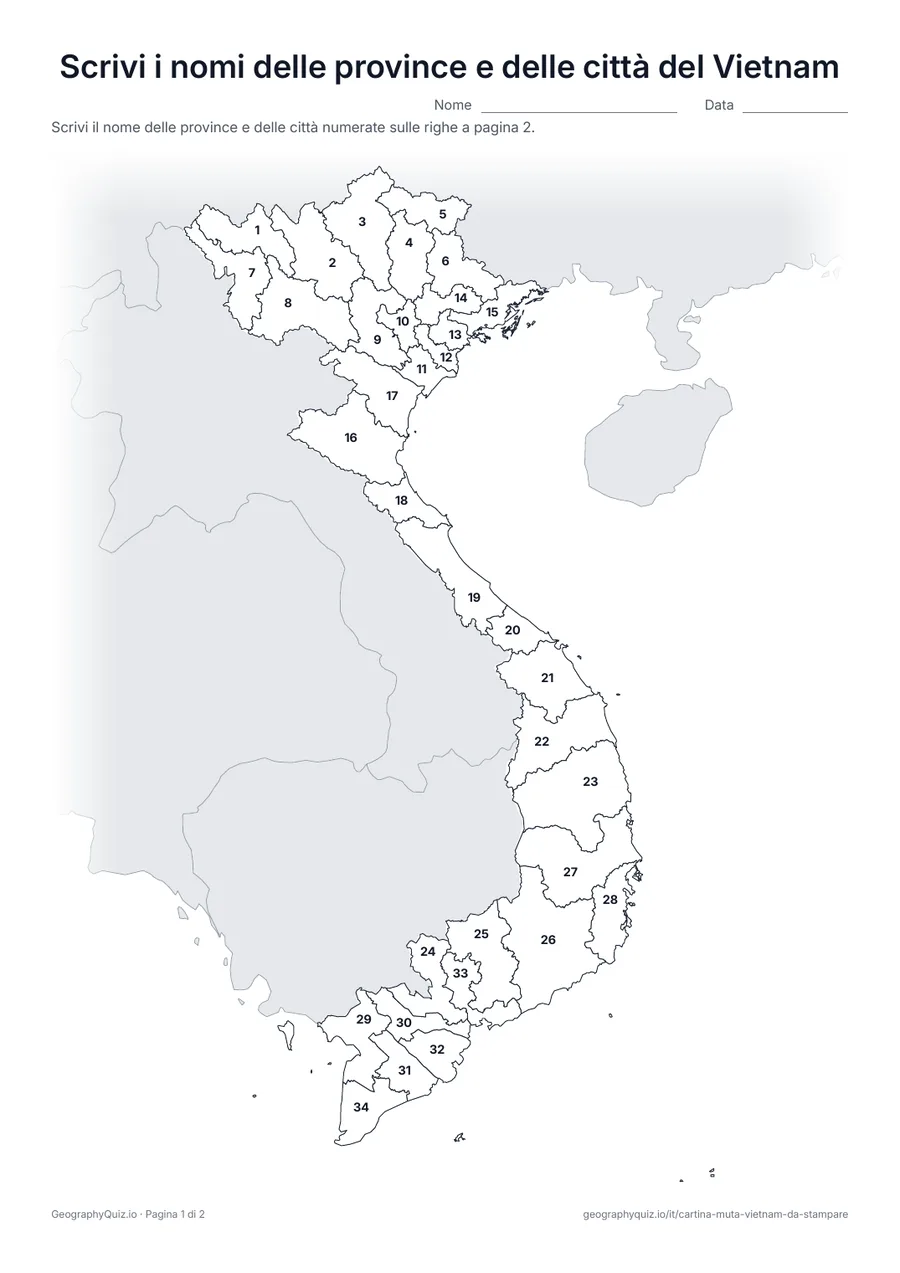 Anteprima della scheda da stampare “Scrivi i nomi delle province e delle città del Vietnam”: Cartina con i numeri di tutte le 28 province e le 6 città