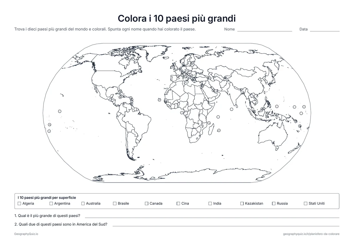 Anteprima della scheda da stampare “Colora i 10 paesi più grandi”: Planisfero con tutti i confini e l’elenco dei dieci paesi con la superficie più grande