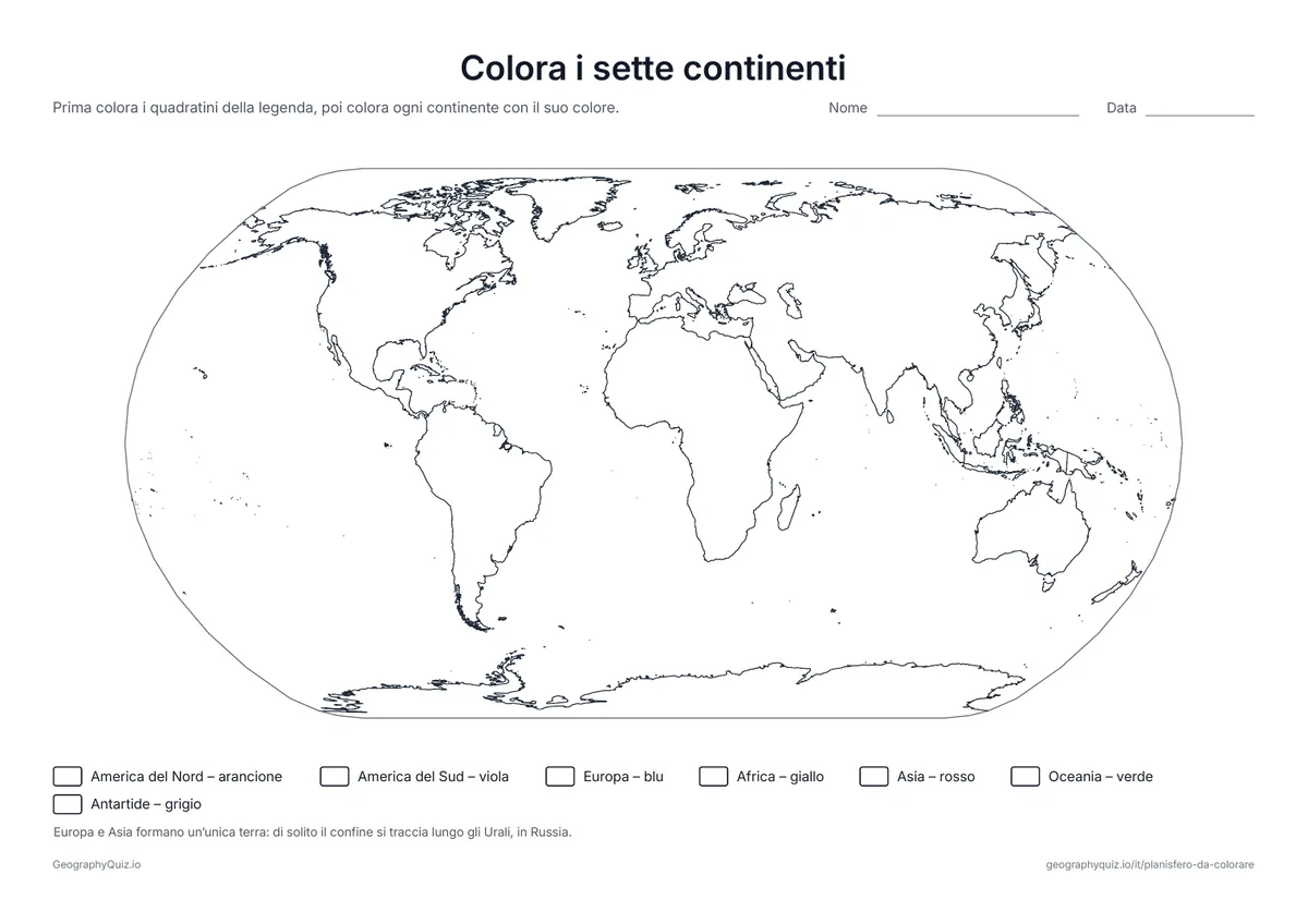 Anteprima della scheda da stampare “Colora i sette continenti”: Cartina dei sette continenti con una legenda dei colori: prima si colora la legenda, poi ogni continente