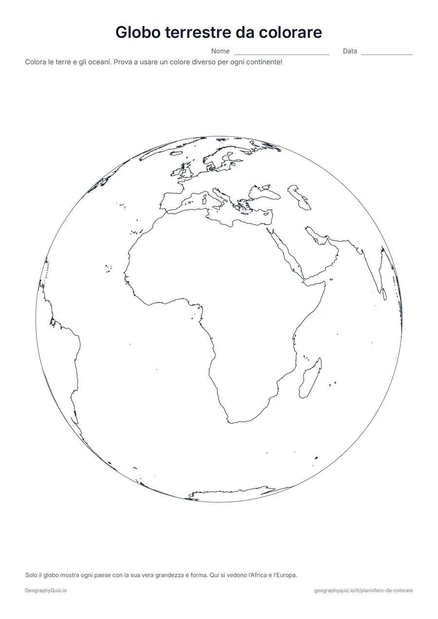 Anteprima della scheda da stampare “Globo terrestre da colorare”: La Terra come un globo rotondo, con l’Africa e l’Europa al centro: le terre si colorano di verde e marrone, gli oceani di azzurro