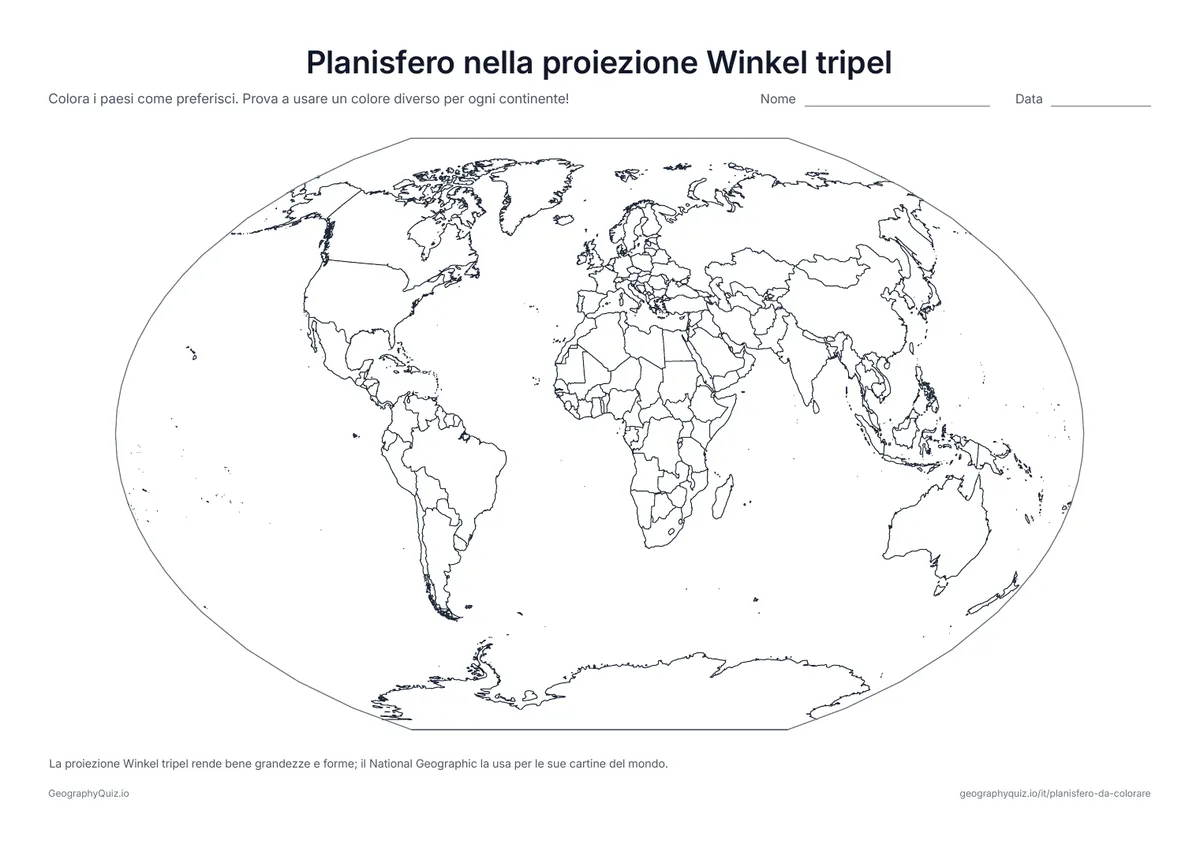 Anteprima della scheda da stampare “Planisfero nella proiezione Winkel tripel”: Il mondo nella proiezione Winkel tripel, che il National Geographic usa per le sue cartine del mondo
