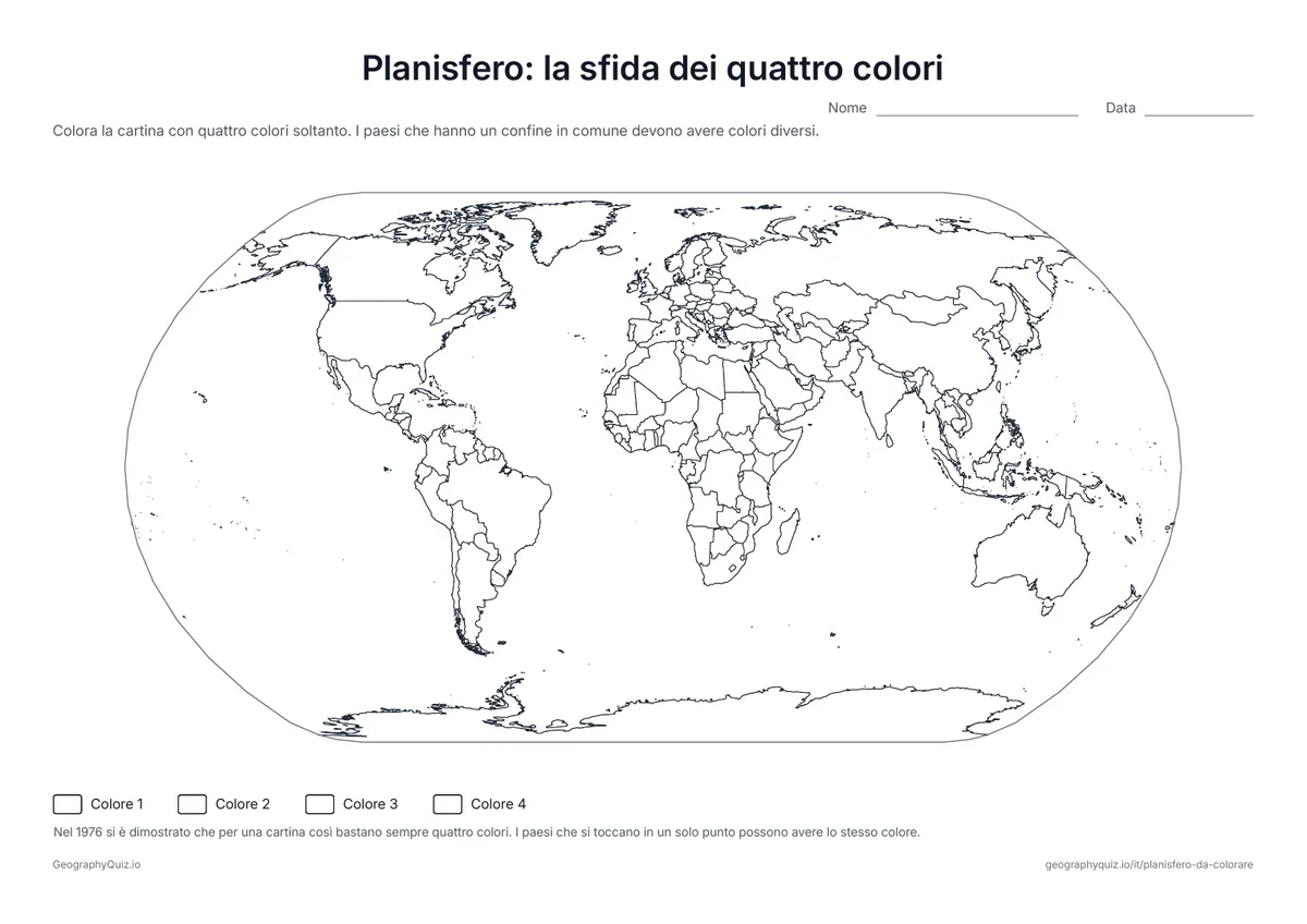 Anteprima della scheda da stampare “Planisfero: la sfida dei quattro colori”: Colora tutti i paesi con quattro colori soltanto, in modo che due paesi vicini non abbiano mai lo stesso: un rompicapo con dietro un famoso teorema di matematica