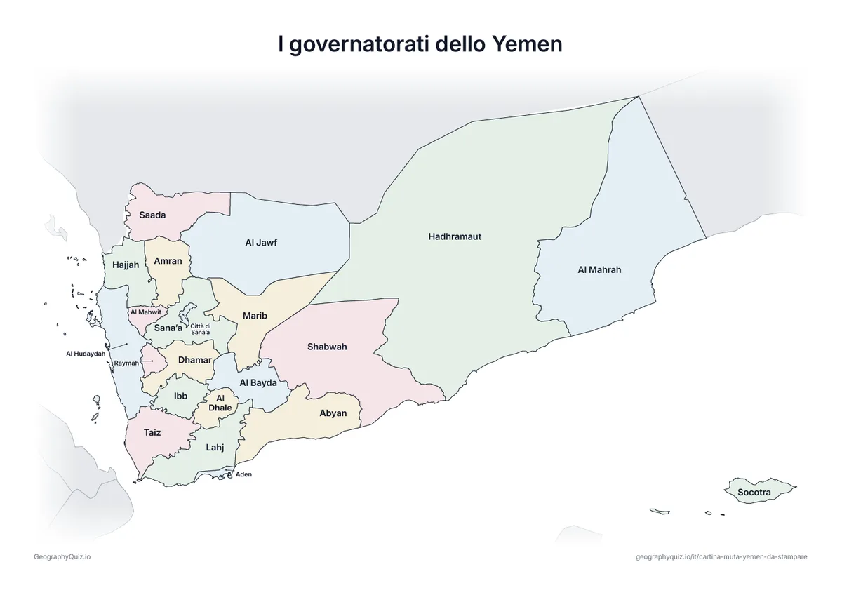 Anteprima della scheda da stampare “I governatorati dello Yemen”: Cartina dello Yemen con tutti i nomi: cartina di riferimento per la lezione e per correggere le risposte