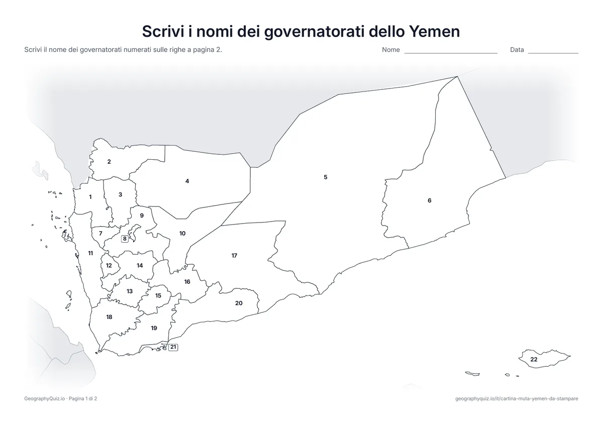 Anteprima della scheda da stampare “Scrivi i nomi dei governatorati dello Yemen”: Cartina con i numeri di tutti i 21 governatorati e il comune della capitale Sana’a