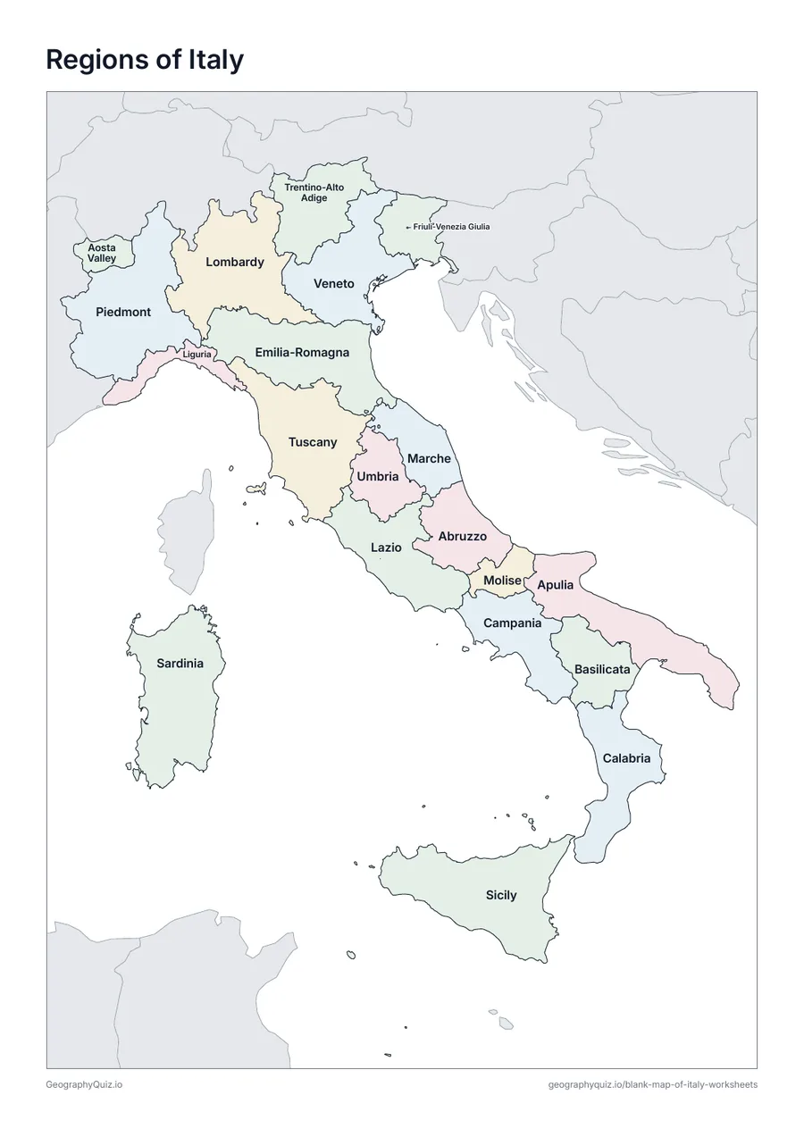 Preview of the printable regions of italy worksheet