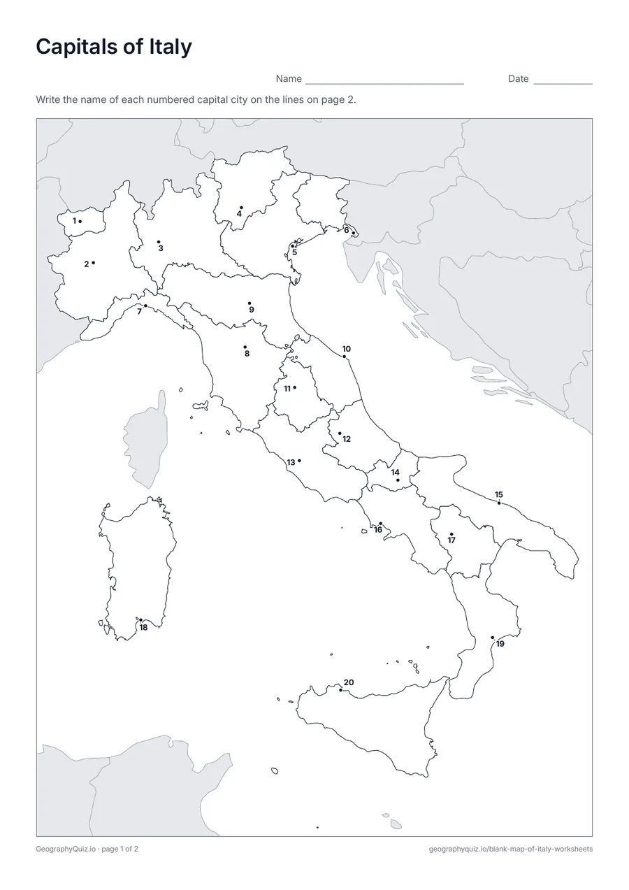 Preview of the printable capitals of italy worksheet