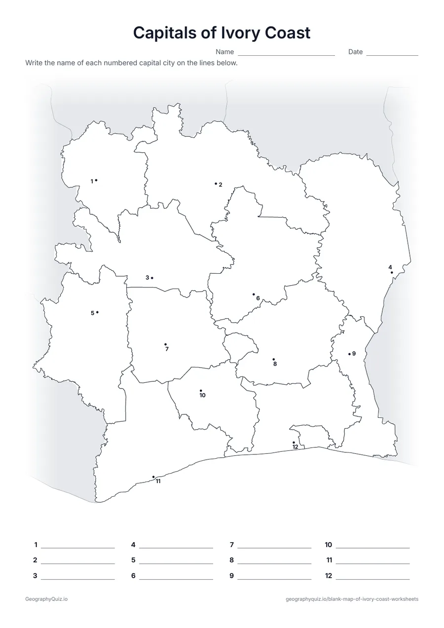Preview of the printable capitals of ivory coast worksheet