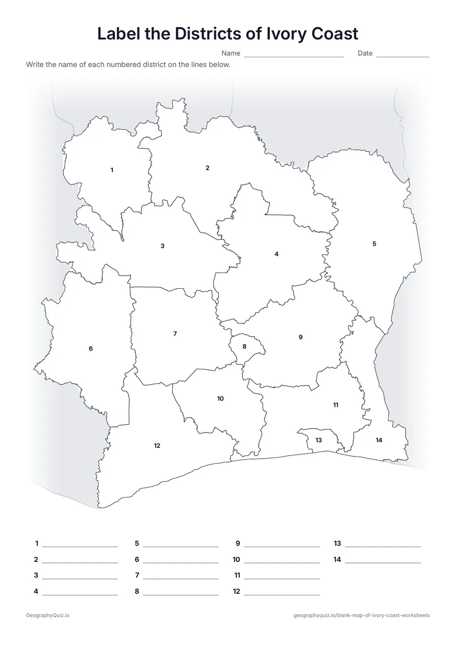 Preview of the printable label the districts of ivory coast worksheet
