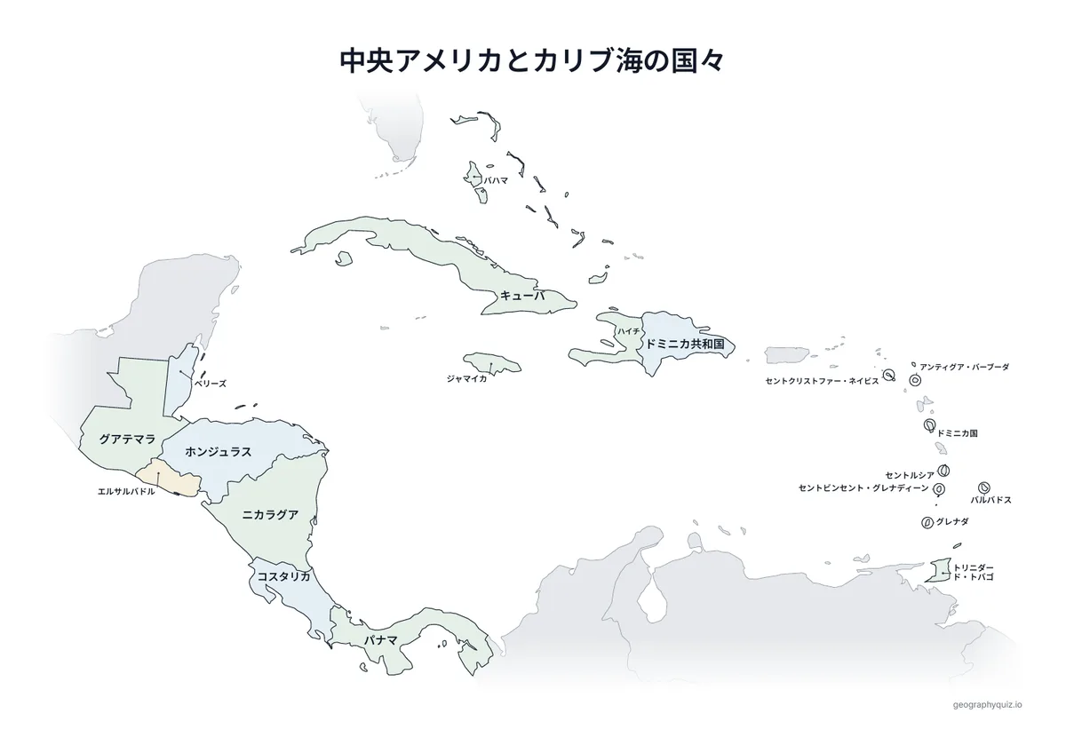 印刷用プリント「中央アメリカとカリブ海の国々」の見本: 同じ地図に20か国すべての名前を入れました。学習、復習、答え合わせに使えます。