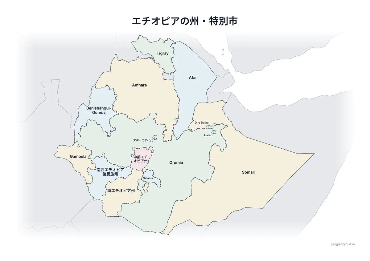 印刷用プリント「エチオピアの州・特別市」の見本: すべての名前を入れたエチオピアの地図です。授業での掲示や答え合わせに使えます。
