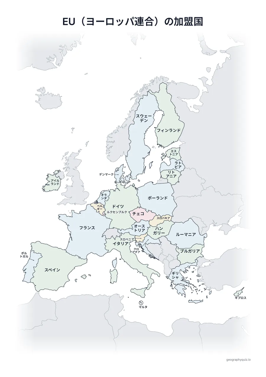 印刷用プリント「EU（ヨーロッパ連合）の加盟国」の見本: 同じ地図に27か国すべての名前を入れました。学習、復習、答え合わせに使えます。
